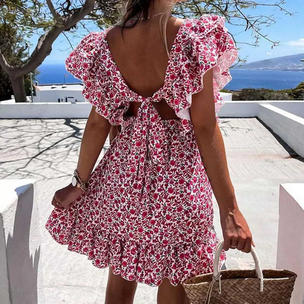 Summer Beach Dress Backless Lace Up Floral Print Butterfly Sleeve Ruffle Square Collar Sundress Hawaii Vacation Sunbathing Dress
Summer Beach Dress Backless Lace Up Floral Print Butterfly Sleeve Ruffle Square Collar Sundress Hawaii Vacation Sunbathing Dress