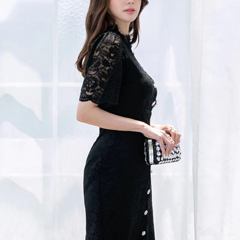 Women Elegant Sexy Black Lace Dresses Single-breasted Summer Vestidos Short Sleeve Hollow Out Slim Sheath Bodycon Dress TA2592
Women Elegant Sexy Black Lace Dresses Single-breasted Summer Vestidos Short Sleeve Hollow Out Slim Sheath Bodycon Dress TA2592