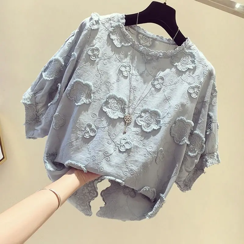 Girl's Shirt Lace Shirt Women's Short-Sleeved New Korean-Style Loose Sweet Western Style Belly Slimming Shirt Summer
Girl's Shirt Lace Shirt Women's Short-Sleeved New Korean-Style Loose Sweet Western Style Belly Slimming Shirt Summer