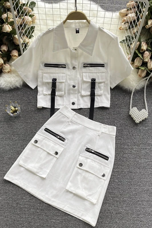 Popular suit summer dress 2021 new female chic Hong Kong style retro tooling big pocket short jacket+skirt
Popular suit summer dress 2021 new female chic Hong Kong style retro tooling big pocket short jacket+skirt