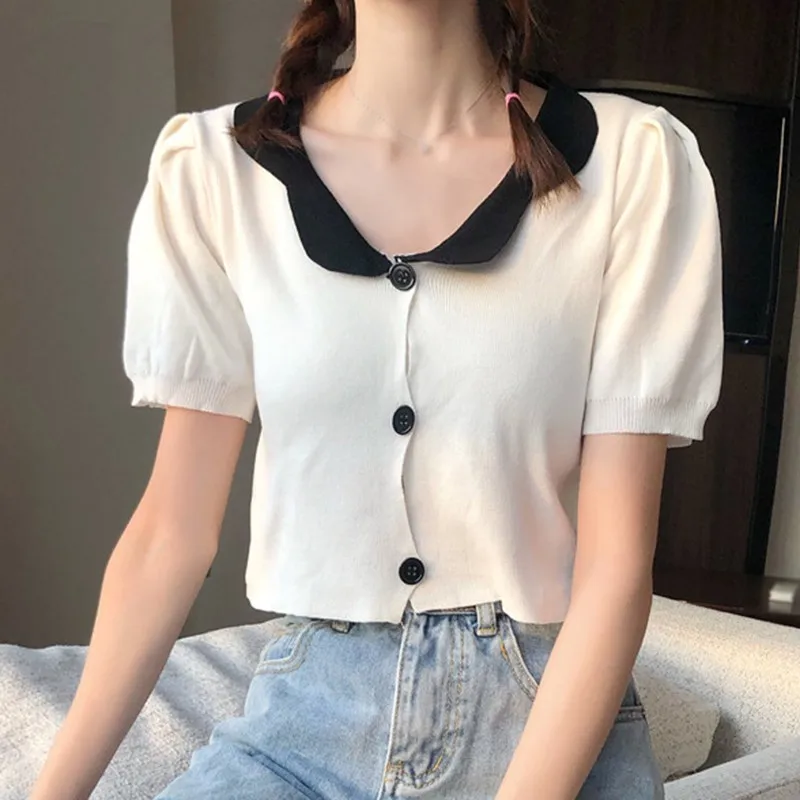 Lapel Babydoll Design Niche Puff Sleeve Short Knitted Shirt Crop Top 2021
Lapel Babydoll Design Niche Puff Sleeve Short Knitted Shirt Crop Top 2021