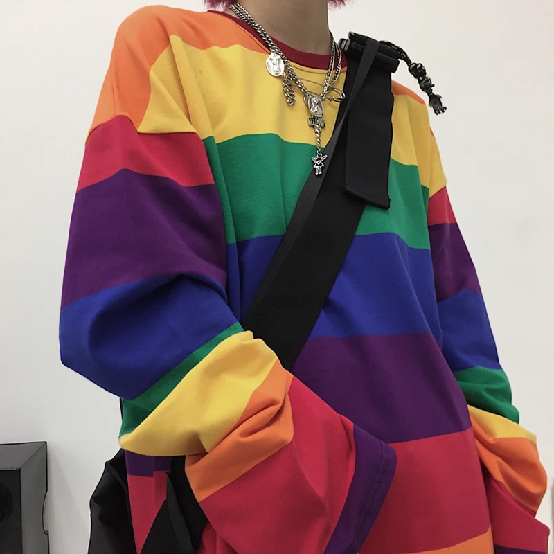 Plus Size Causal Cotton T Shirt Women Striped T-shirt Rainbow Shirt Female Harajuku Loose Top Shirts Punk Style Top