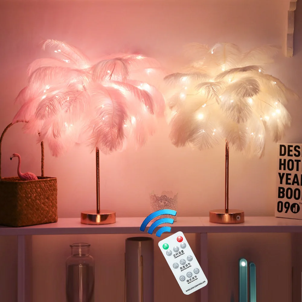 

Настольная лампа с перьями и пультом дистанционного управления, креативный теплый светильник «сделай сам» с питанием от USB/батарейки AA, укр...