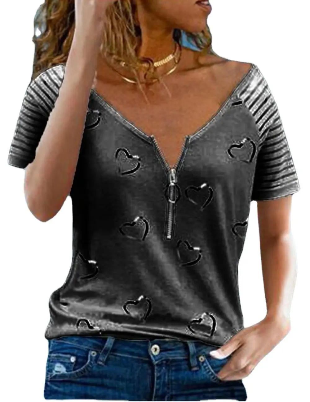 2021 New Women Tshirt V-neck Zipper Stripe Loose Casual T Shirts Spring Summer Plus Size Sexy Tops Tee Shirt 
2021 New Women Tshirt V-neck Zipper Stripe Loose Casual T Shirts Spring Summer Plus Size Sexy Tops Tee Shirt