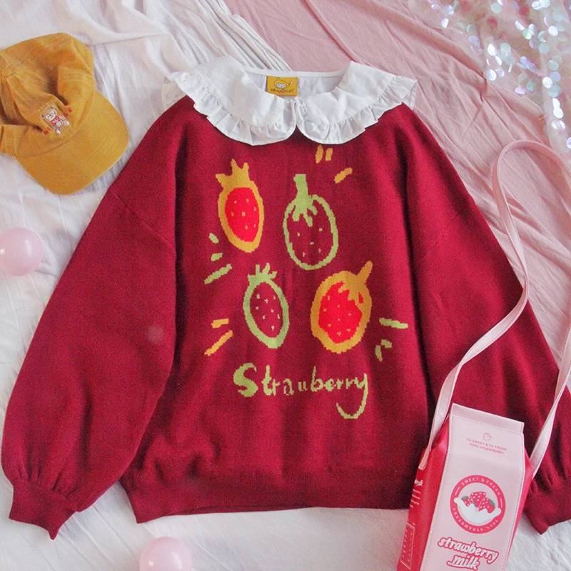 Mori Girl Harajuku Cute Women Strawberry Pullover Sweater Female Korean Soft Vintage knitwear Kawaii Wool Knitted Jumper Red
Mori Girl Harajuku Cute Women Strawberry Pullover Sweater Female Korean Soft Vintage knitwear Kawaii Wool Knitted Jumper Red