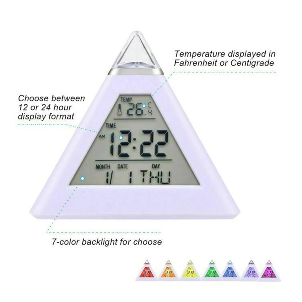 Plastic 7 Color Changing Battery Operated Electric Digital LED Pyramid-shape Timing Calendar Alarm Clock For Kids Bedroom
Plastic 7 Color Changing Battery Operated Electric Digital LED Pyramid-shape Timing Calendar Alarm Clock For Kids Bedroom