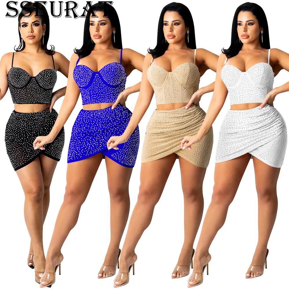 SSEURAT Women Set Solid Diamonds Sleeveless Strap Zip Crop Tops Mini Skirts Two Piece Sets Sexy Night Party Vestidos Summer
SSEURAT Women Set Solid Diamonds Sleeveless Strap Zip Crop Tops Mini Skirts Two Piece Sets Sexy Night Party Vestidos Summer