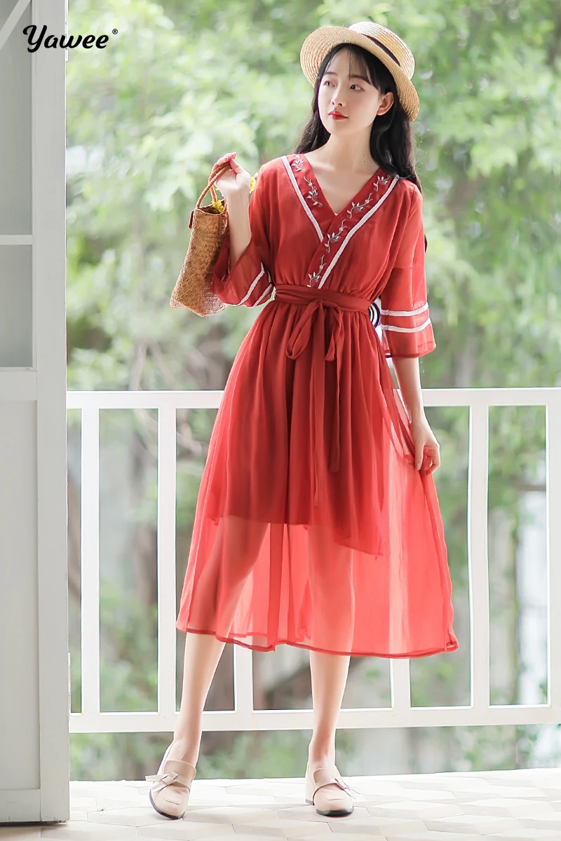 Yawee 2020 embroidery Summer red Long Dress Women Floral Print preppy Chiffon half Sleeve Dress Ladies Casual Dresses Vestidos
Yawee 2020 embroidery Summer red Long Dress Women Floral Print preppy Chiffon half Sleeve Dress Ladies Casual Dresses Vestidos