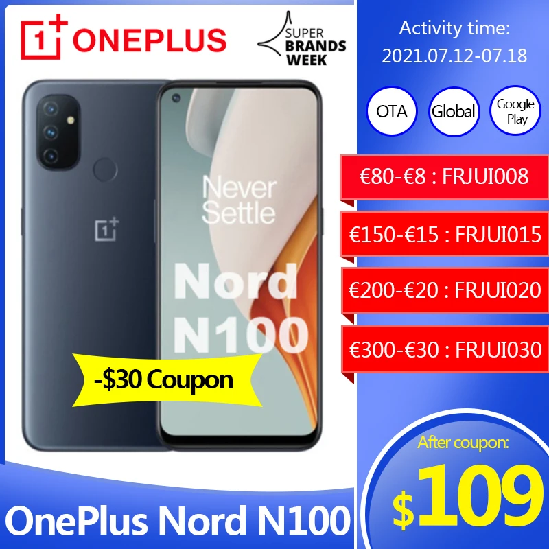 Смартфон Oneplus Nord N100 4 Гб + 64 ГБ Snapdragon 460 5000 мАч Android 10 тройная камера 13 МП дисплей 20:9
