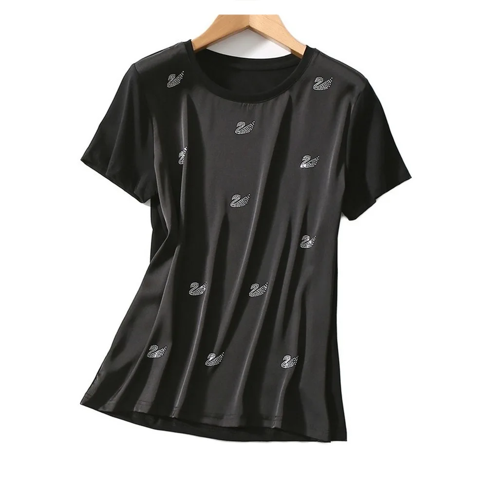 2020 Summer New Silk Ageing T-shirt Female Little Swan Hot Drilling round Neck Short-Sleeved Silk Stitching Cotton Top Female
2020 Summer New Silk Ageing T-shirt Female Little Swan Hot Drilling round Neck Short-Sleeved Silk Stitching Cotton Top Female