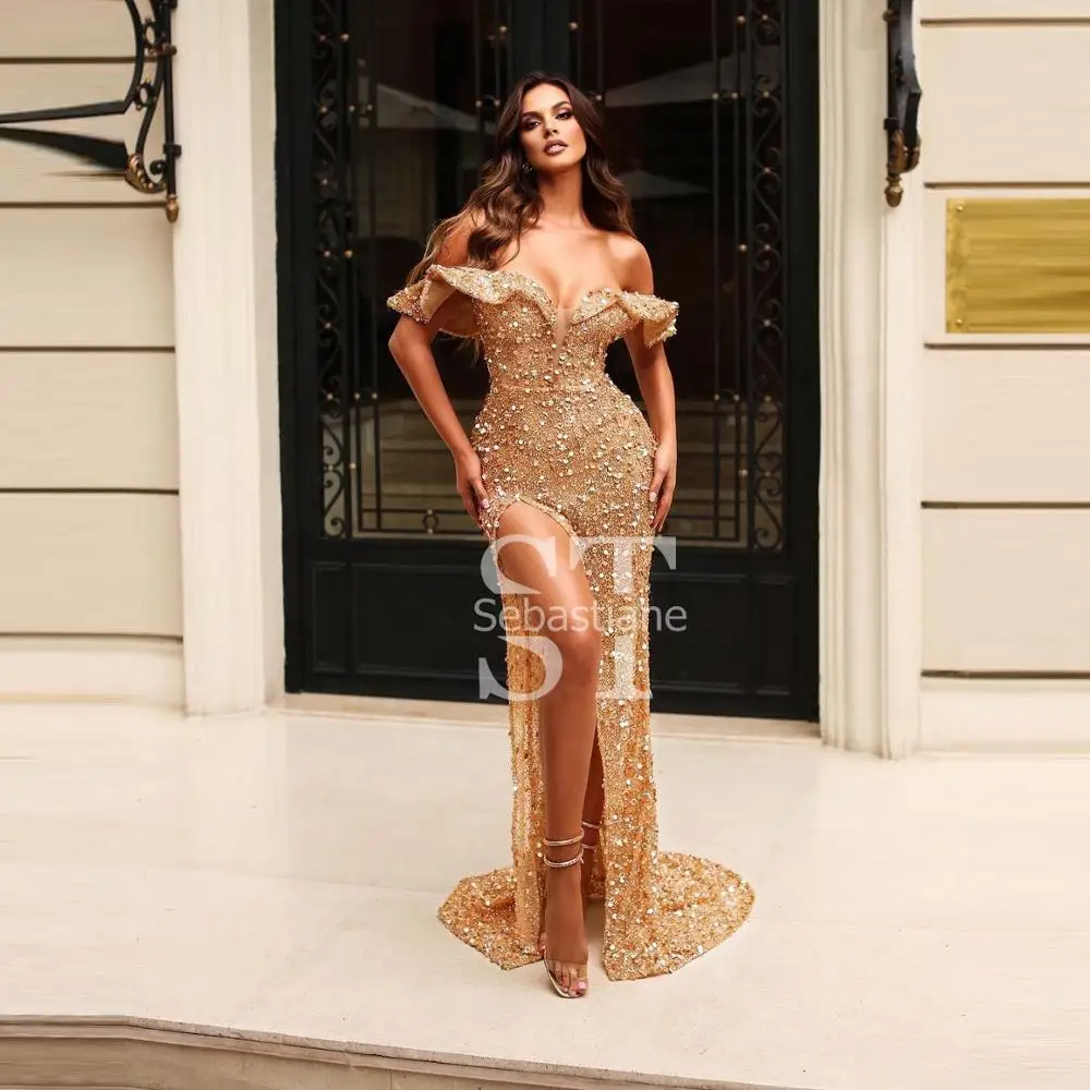 Glitter Ghampagne Prom Dresses Strapless Cap Sleeves High Slit Evening Gowns Ruffles Sequins Crystal Beaded Party Gown
Glitter Ghampagne Prom Dresses Strapless Cap Sleeves High Slit Evening Gowns Ruffles Sequins Crystal Beaded Party Gown
