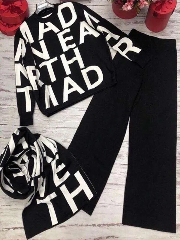 High Street Women Knitted 3 Piece Set Fall Winter New Letter Print Knitted Loose Sweater +Shawl Scarf +Wide-leg Pants Suits
High Street Women Knitted 3 Piece Set Fall Winter New Letter Print Knitted Loose Sweater +Shawl Scarf +Wide-leg Pants Suits