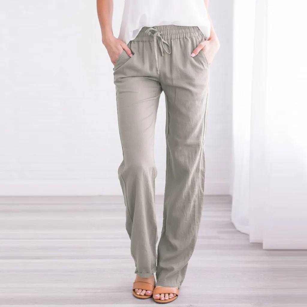 

Летние однотонные брюки женские повседневные хлопковые льняные Длинные прямые брюки на завязках с эластичной резинкой на талии Pantalones Mujer A40