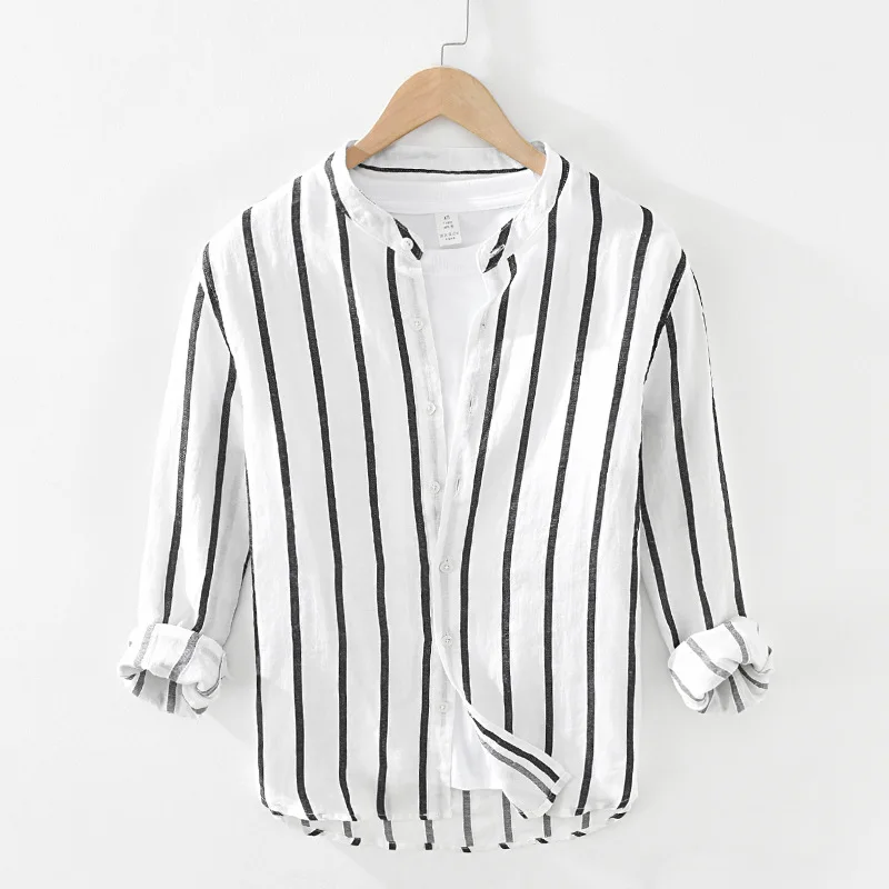 2021 Spring New Men's Stand-up Collar Ramie Long-sleeved Shirt Youth Retro Striped Loose Shirt Camisas Para Hombre
2021 Spring New Men's Stand-up Collar Ramie Long-sleeved Shirt Youth Retro Striped Loose Shirt Camisas Para Hombre