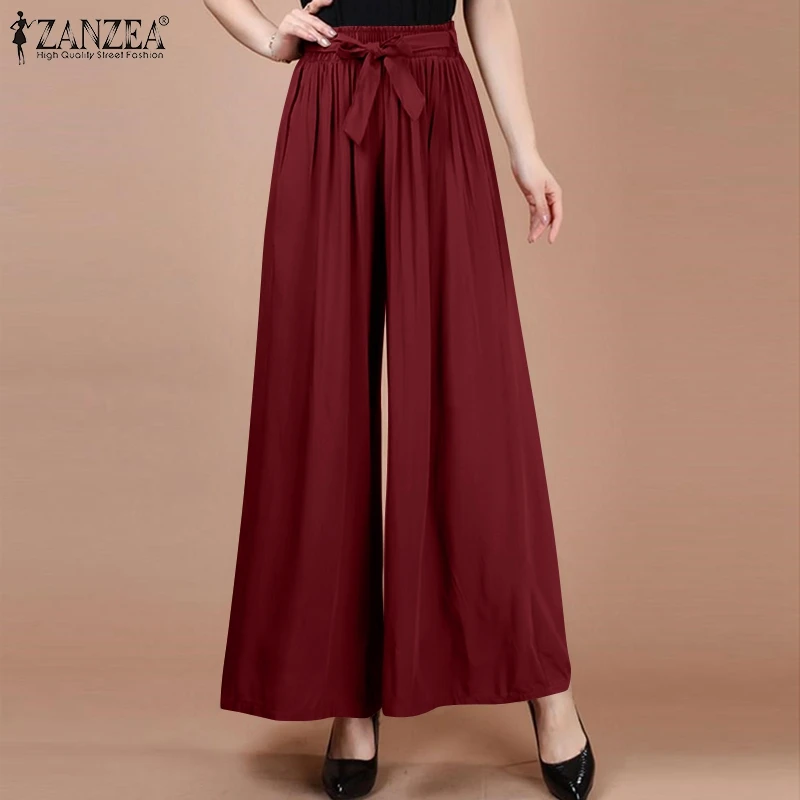 

Брюки ZANZEA женские широкие с эластичным поясом, модные офисные повседневные брюки-клеш в стиле палаццо, элегантные однотонные свободные шта...