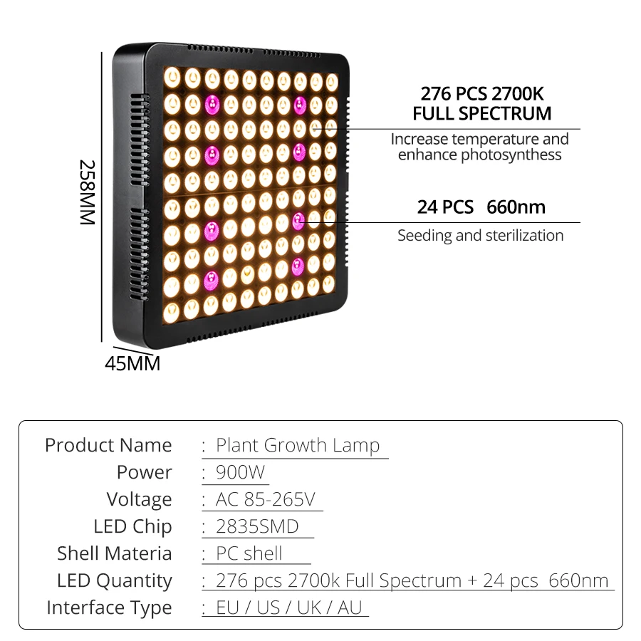 900W 85-265V full spectrum LED plant growth lamp for indoor greenhouse planting indoor plant sowing growth and flower lighting
900W 85-265V full spectrum LED plant growth lamp for indoor greenhouse planting indoor plant sowing growth and flower lighting