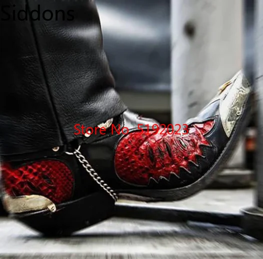 MEN'S BLACK RED COLLISION PATTERN FASHION METAL RING BUCKLE GOLD POINTED HIGH QUALITY LEATHER BOOTS D334
MEN'S BLACK RED COLLISION PATTERN FASHION METAL RING BUCKLE GOLD POINTED HIGH QUALITY LEATHER BOOTS D334
