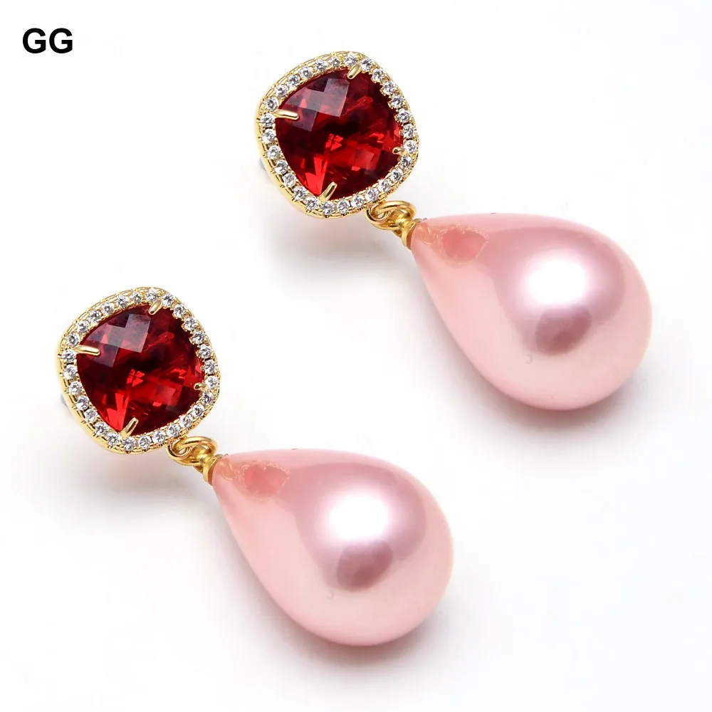 

GG Jewelry Natural Pink Sea Shell Pearl Teardrop Dangle Earrings Gold Plated Red Crystal CZ Paved Stud For Women Girls Gift