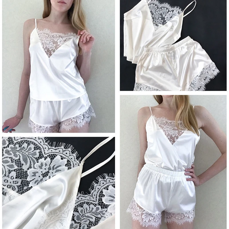 Women Satin Sexy Lingerie Lace Pajamas Set Elegant Sleeveless Top and Shorts Night Suit Spaghetti Strap Loose Pijama Sleepwear
Women Satin Sexy Lingerie Lace Pajamas Set Elegant Sleeveless Top and Shorts Night Suit Spaghetti Strap Loose Pijama Sleepwear