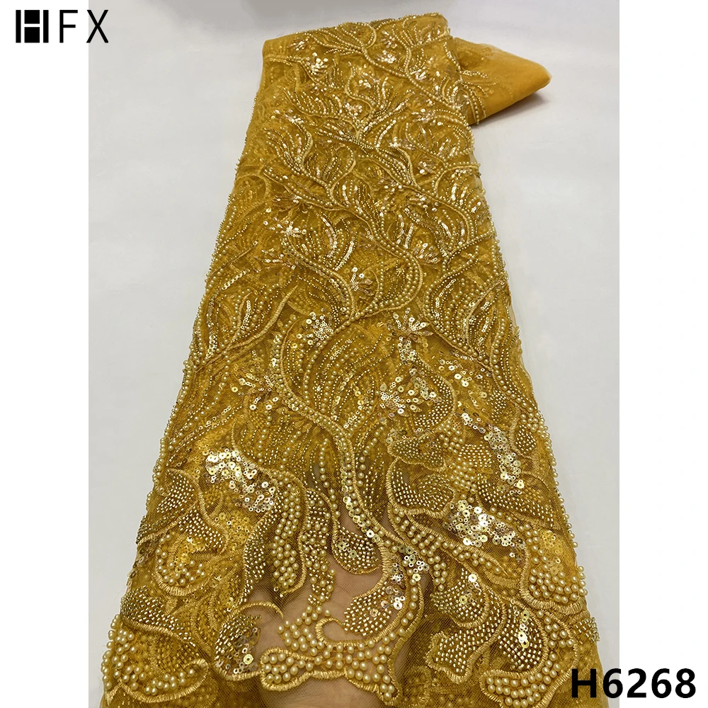 

HFX African Gold Beaded Lace Fabric Luxury Nigerian Mesh Lace Fabrics 2022 French Net Lace Fabric With Sequins For Wedding F6268