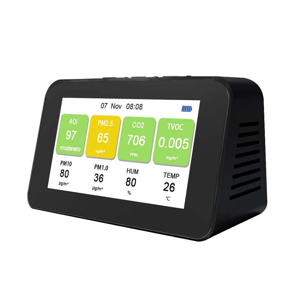 DM601 Многофункциональный ЖК-монитор качества воздуха PM2.5 PM1.0 PM10 CO2 TVOC детекторы частиц CO2 Измеритель температуры и влажности монитор
DM601 Многофункциональный ЖК-монитор качества воздуха PM2.5 PM1.0 PM10 CO2 TVOC детекторы частиц CO2 Измеритель температуры и влажности монитор
