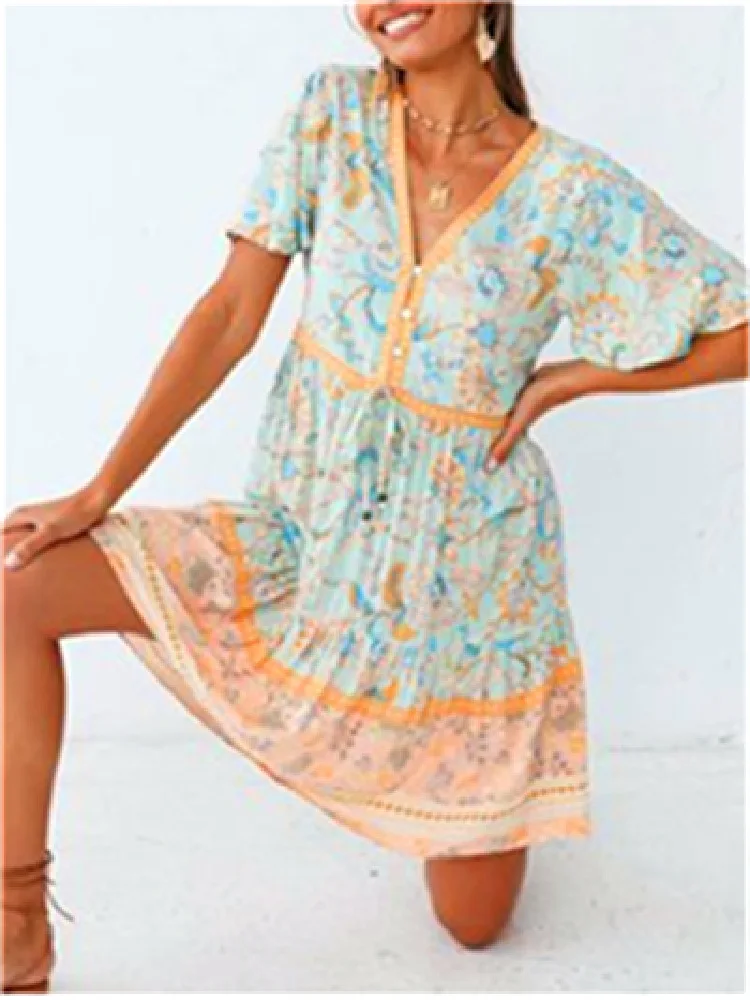 Summer vintage short sleeve v neck pearl bow lace-up floral print short dress Plus size dresses for women 4xl 5xl 6xl Playero 
Summer vintage short sleeve v neck pearl bow lace-up floral print short dress Plus size dresses for women 4xl 5xl 6xl Playero
