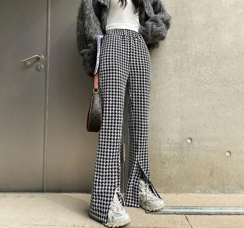 

2021 Fashion Trend Slit Flared Pants Spring Autumn Ladies Casual High Waist Houndstooth Retro Daddy Pants Wide Leg Streetwear