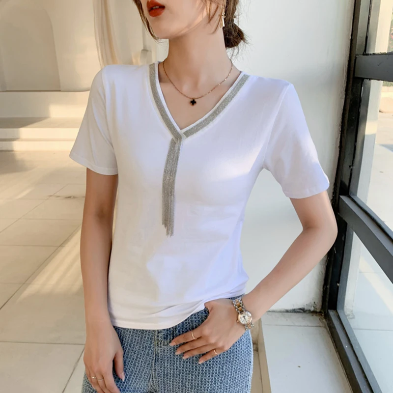 Summer 2021 New Cotton T Shirt Women Short Sleeve Tees Femme Tassel V Neck Korean Casual Black White Slim Tshirts Tops Female
Summer 2021 New Cotton T Shirt Women Short Sleeve Tees Femme Tassel V Neck Korean Casual Black White Slim Tshirts Tops Female