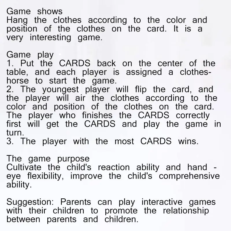 Kids Multiplayer Clothes Competition Toys Set Board Game Logic Training Interactive Kids Child Education Party Board Game Gift
Kids Multiplayer Clothes Competition Toys Set Board Game Logic Training Interactive Kids Child Education Party Board Game Gift