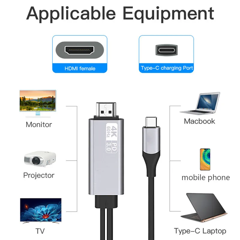 USB-C To HDMI-compatible Cable PD Adapter Converter Cable 4K 60HZ HD Video Converter Cable Fast Charging Cable
USB-C To HDMI-compatible Cable PD Adapter Converter Cable 4K 60HZ HD Video Converter Cable Fast Charging Cable