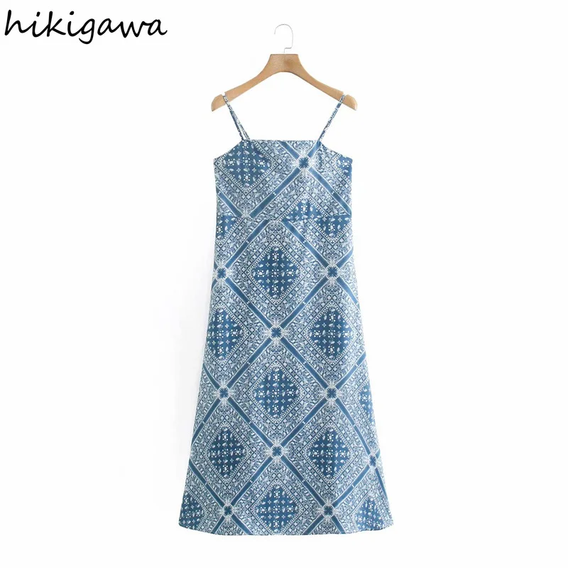 Hikigawa Dresses Fashion Slash Neck Sleeveless Spaghetti Strap Vestidos Lazy French Vintage Blue Midi Dress Sexy Print Robes 
Hikigawa Dresses Fashion Slash Neck Sleeveless Spaghetti Strap Vestidos Lazy French Vintage Blue Midi Dress Sexy Print Robes