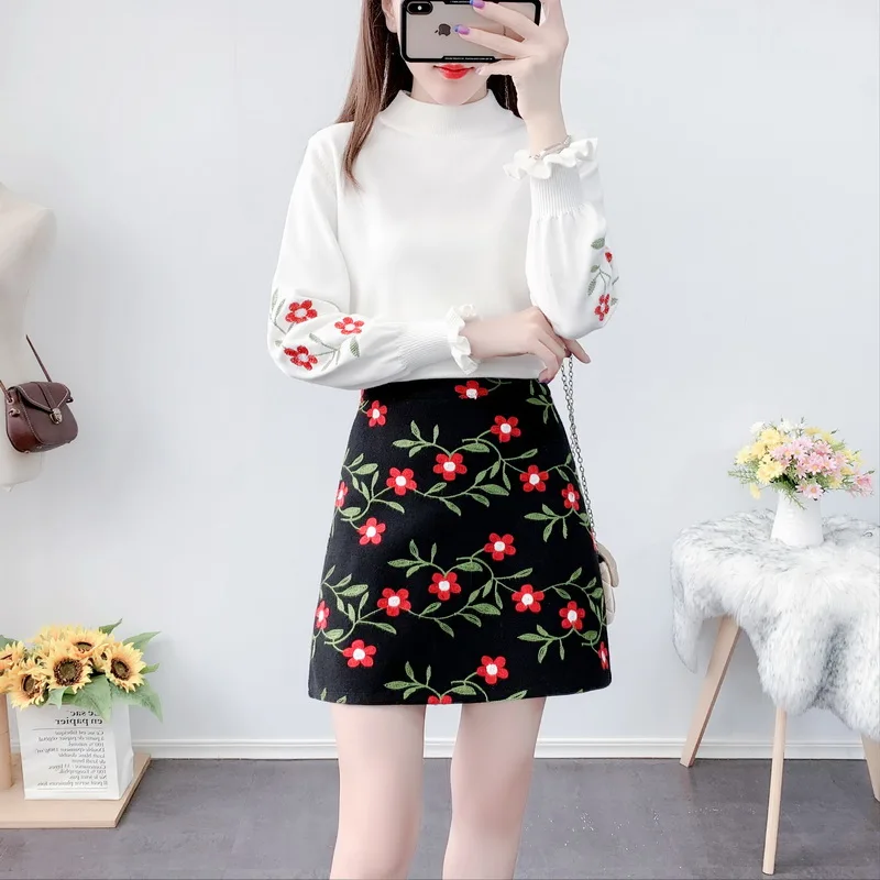 Pure Fresh Colour Knitting Pullover Sweater Embroidery Flower Skirts Two-Piece Outfit Sweet Girl Set Clothing
Pure Fresh Colour Knitting Pullover Sweater Embroidery Flower Skirts Two-Piece Outfit Sweet Girl Set Clothing