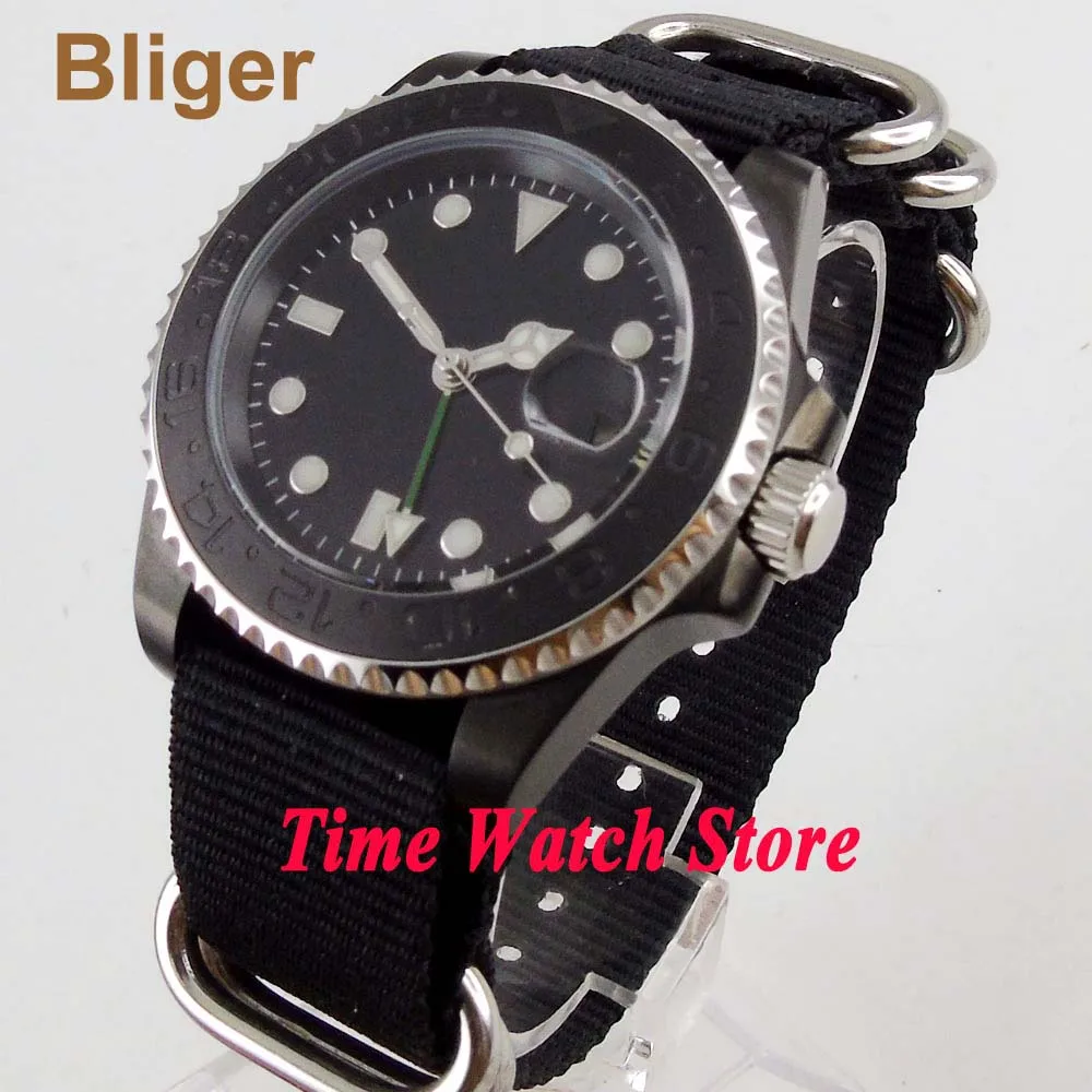 

Bliger 40mm GMT 3804 PVD case Automatic men's watch black strile dial Luminous sapphire glass ceramic bezel waterproof