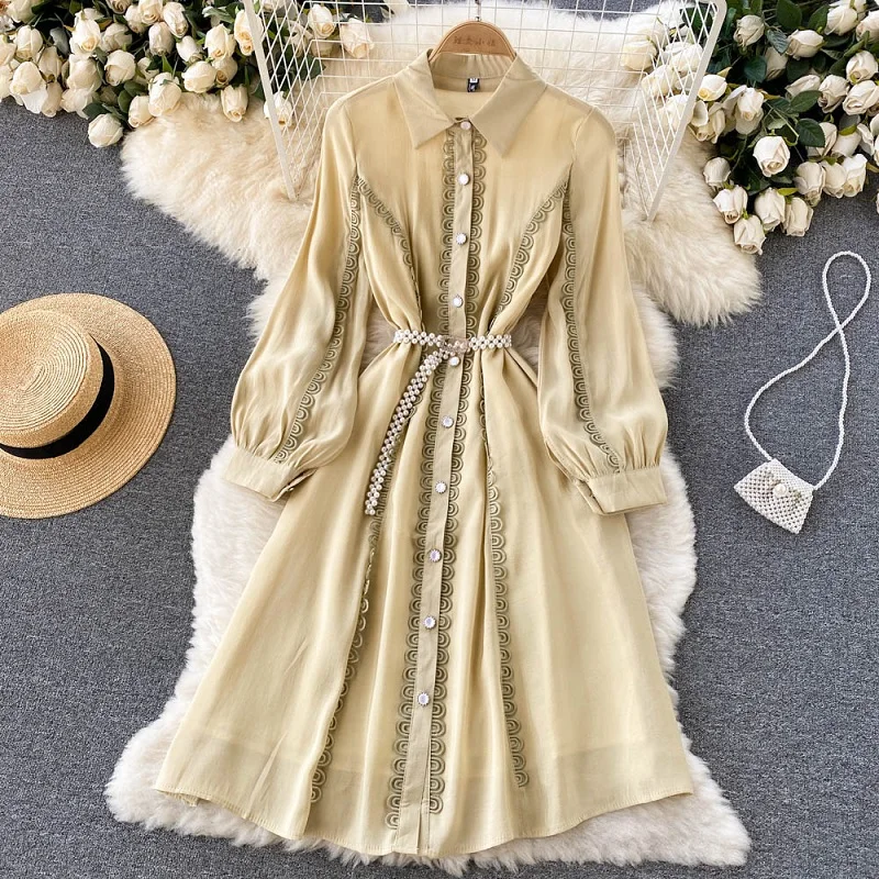 Autumn New Fashion French Retro Shirt Vestidos Women's Lace-up Waist Was Thin Elegant Midi Dress with Suspenders KK1794
Autumn New Fashion French Retro Shirt Vestidos Women's Lace-up Waist Was Thin Elegant Midi Dress with Suspenders KK1794