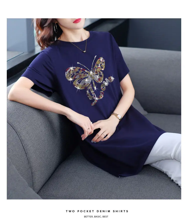 Short-sleeved T-shirt Women's Mid-length Loose Belly Sequined Diamond Tshirts Plus Size Women's Clothing Women Fashion Tops 6XL
Short-sleeved T-shirt Women's Mid-length Loose Belly Sequined Diamond Tshirts Plus Size Women's Clothing Women Fashion Tops 6XL