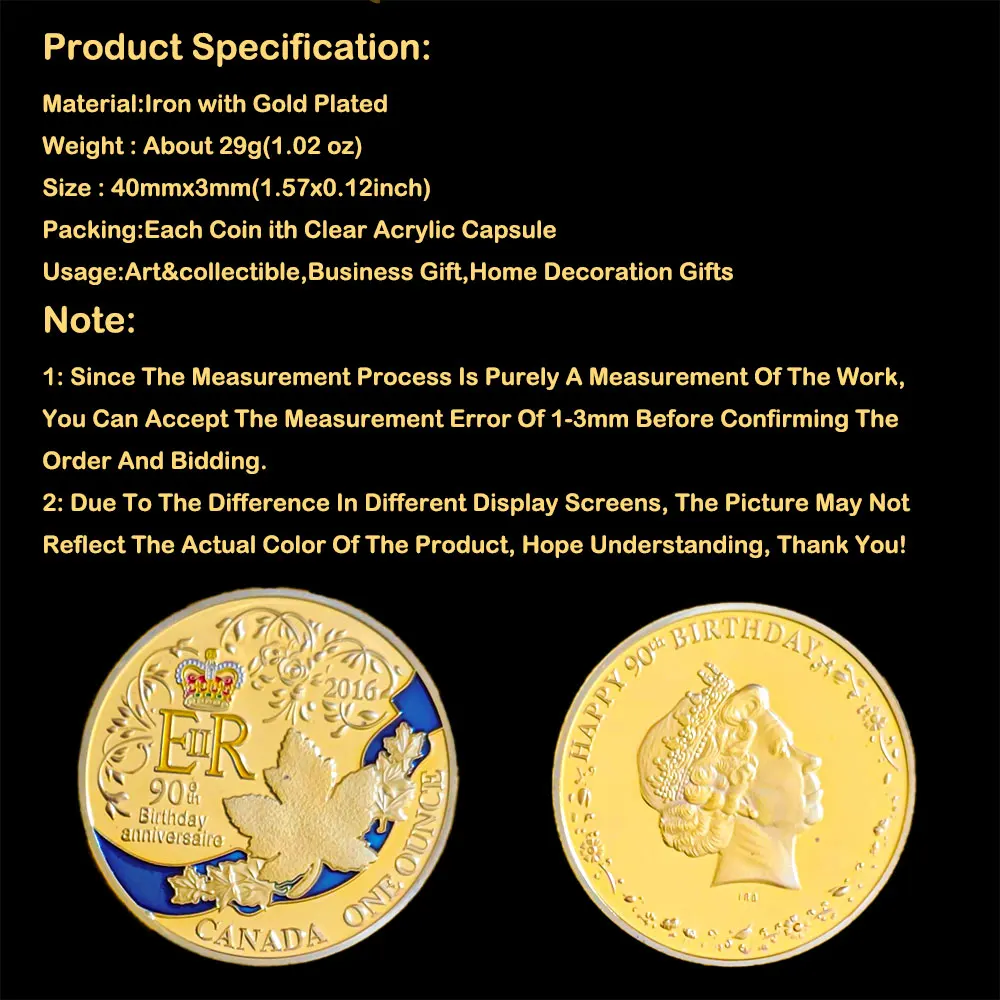Gold Plated 90th Birthday Anniversaire Canada Maple Leaf Elizabeth ER Queen II Souvenirs Coin Medal Collectible Coins Gift
Gold Plated 90th Birthday Anniversaire Canada Maple Leaf Elizabeth ER Queen II Souvenirs Coin Medal Collectible Coins Gift