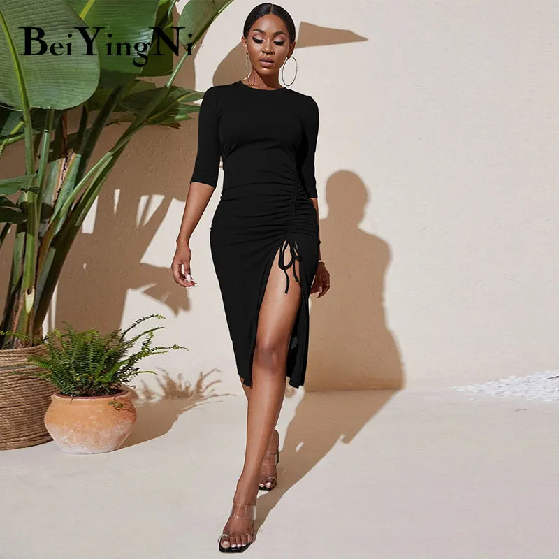 Beiyingni Fashion Midi Knitted Bodycon Sexy Dresses for Women Black Pink Drawstring Split Casual Office Ladies Dress O-neck 2022
Beiyingni Fashion Midi Knitted Bodycon Sexy Dresses for Women Black Pink Drawstring Split Casual Office Ladies Dress O-neck 2022