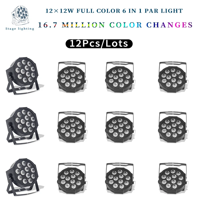 12 шт./лот плоский Par Led 12x12 Вт RGBWA УФ 6in1 Светильник может 64 Светодиодный точечный