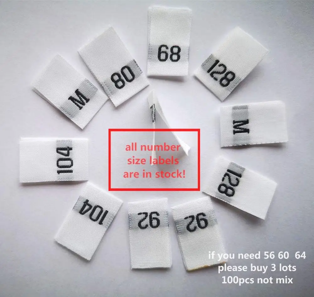 

100pcs White polyester European cloth number size label dress clothing size44 50 56 62 68 74 80 86 92 98 104 110 116 122 128 134