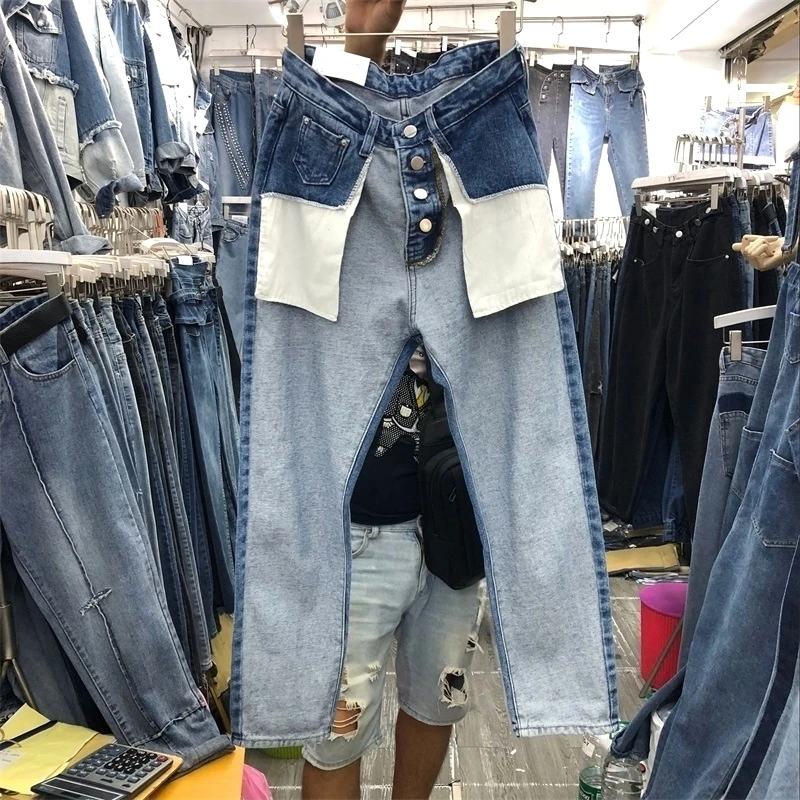 t Jeans Pocket Botton Decoration Trousers Women 2020 New Contrast Color Spring Split Joint High Waist Straigh
t Jeans Pocket Botton Decoration Trousers Women 2020 New Contrast Color Spring Split Joint High Waist Straigh