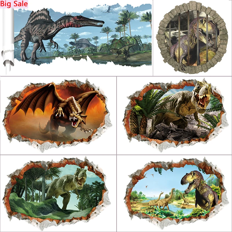 

New Arrival 3d Dinosaurs Wall Stickers Home Decoration Vivid Broken Hole Animals Mural Art Boys Kids Room Pvc Decals Diy Posters