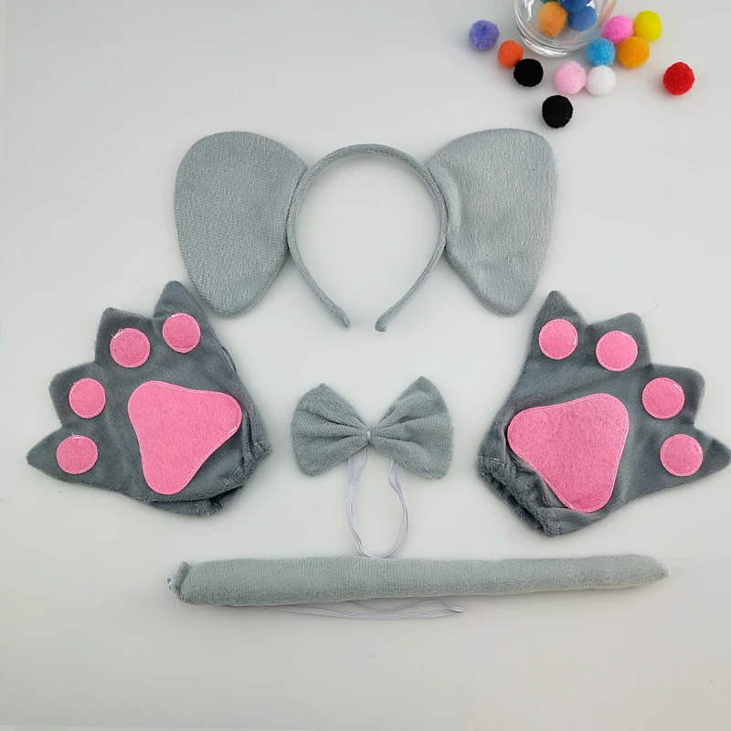 

Adult Kids Party Child Elephant Headband Tie Tail Paws Gloves Animal Cosplay Hair Bands Plush Halloween Christmas Birthday