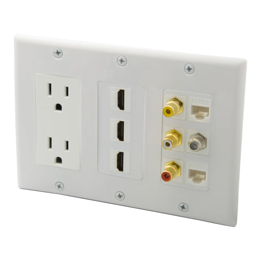 3 Gang Decorative Style 3 Ports HDMI 3 RCA 2 Ports CAT6 RJ45 F RG6 TV Two Ports US Style Electrical Power Wall Plate
3 Gang Decorative Style 3 Ports HDMI 3 RCA 2 Ports CAT6 RJ45 F RG6 TV Two Ports US Style Electrical Power Wall Plate
