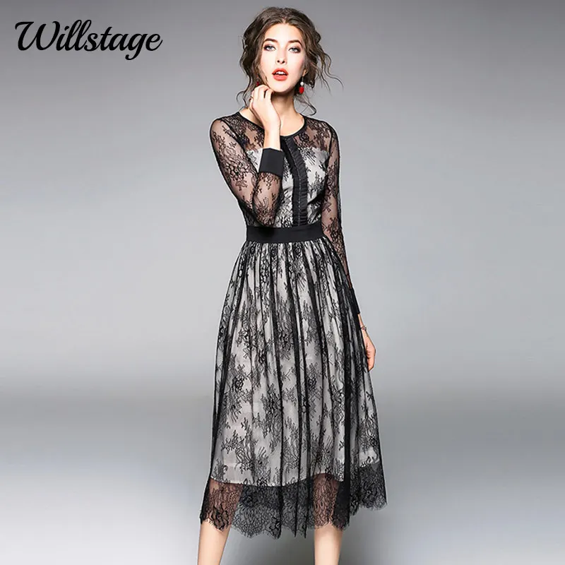 Весеннее черное кружевное платье Willstage 2018 сетчатые сексуальные Лоскутные