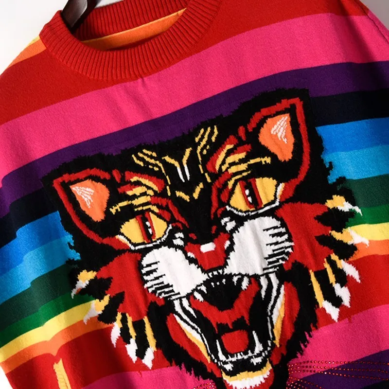 Autumn new color strip knit fringed tiger head shawl round neck sweater cloak women's | Женская одежда