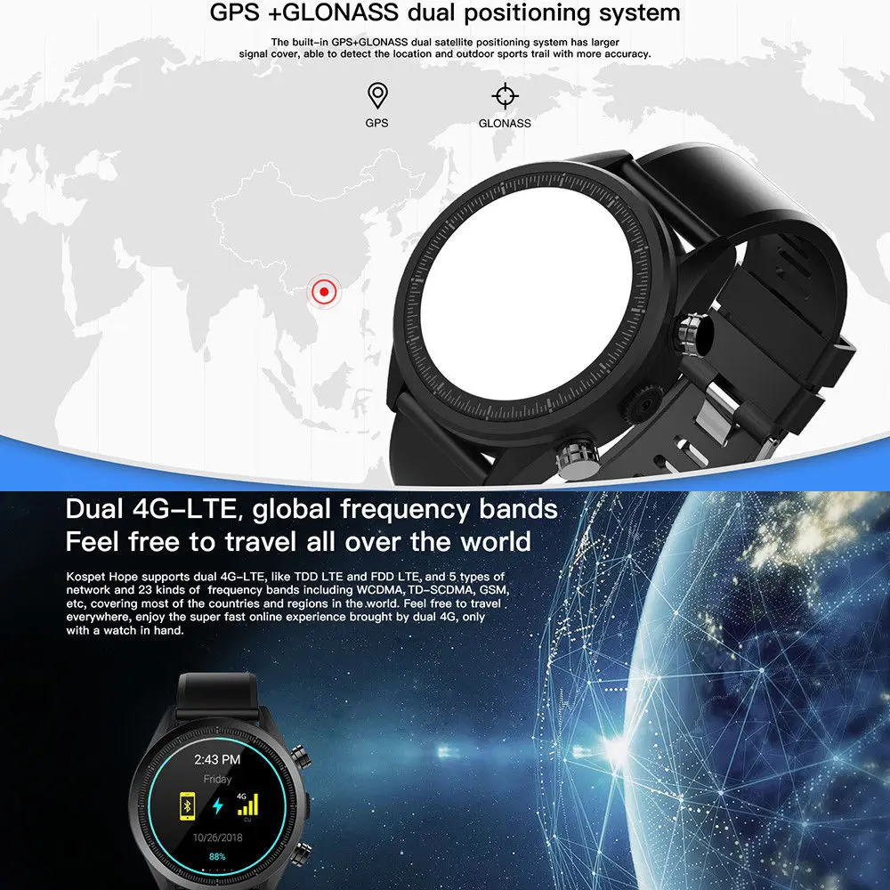 Kospet Hope 3G + 32G 4G-LTE SmartWatch 1 39 ɺMOLED WIFI GPS/ГЛОНАСС 8MP Android7.1.1 | Электроника