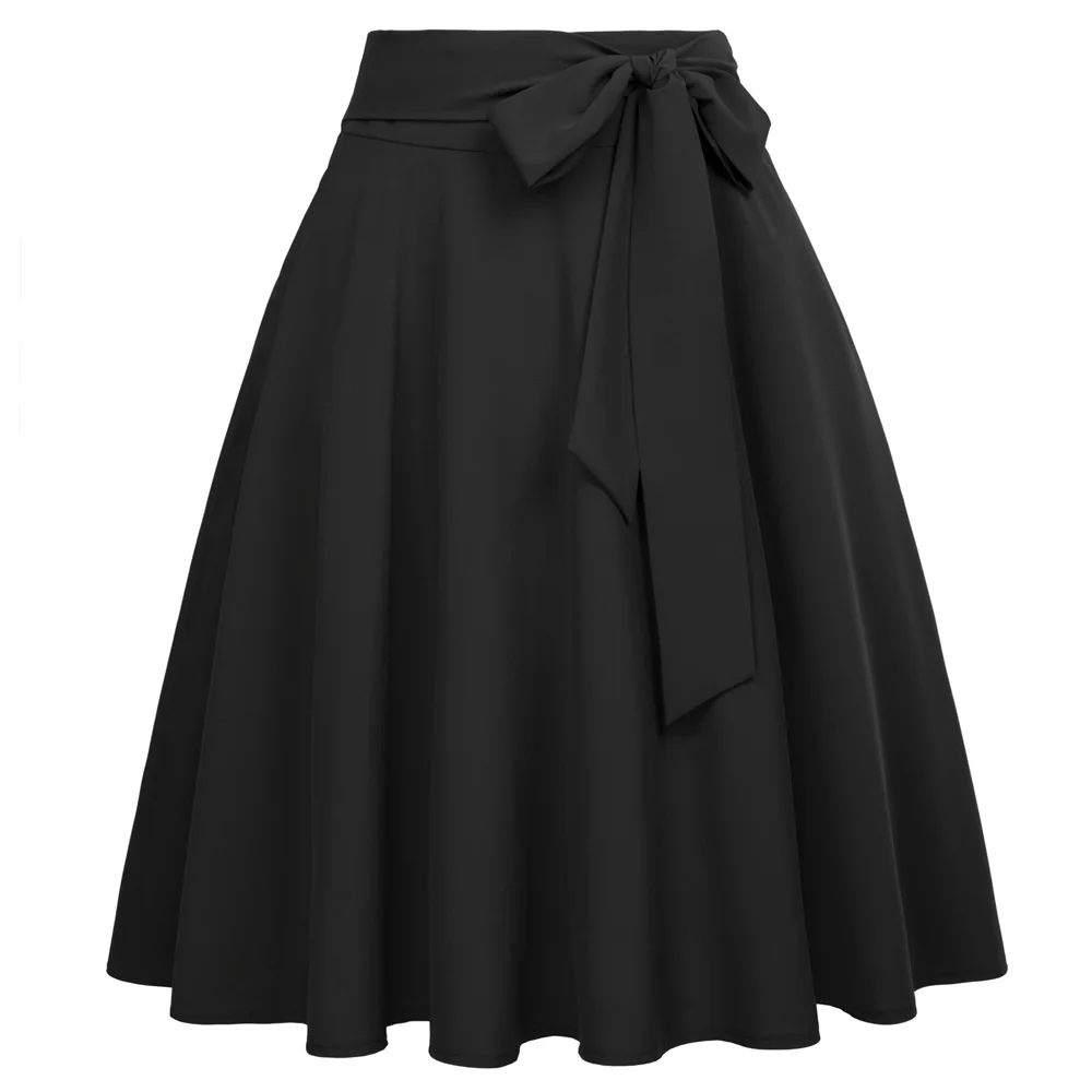 

skater skirts Womens vintage classy Solid Color High Waist Self-Tie Bow-Knot Embellished knee big swing A-Line harajuku skirt