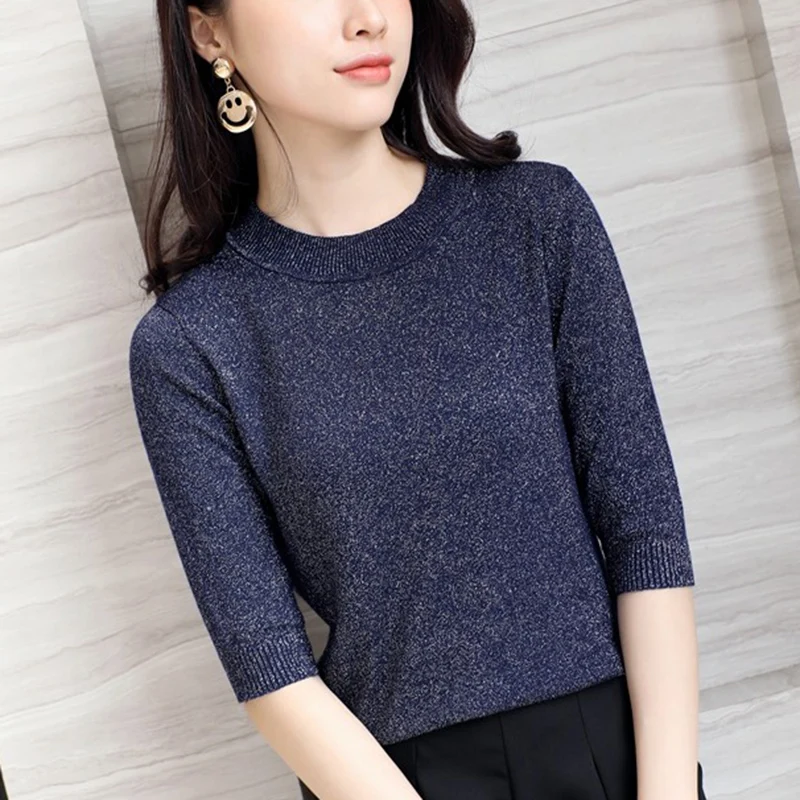 Spring Autumn Shiny Lurex Knit Sweater Women Cropped Short Sleeve Fashion Sweaters And Pullovers O-Neck Ladies Top | Женская одежда