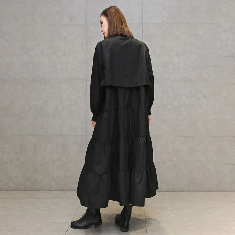Женское платье TWOTWINSTYLE черное большого размера с рюшами воротником и длинным