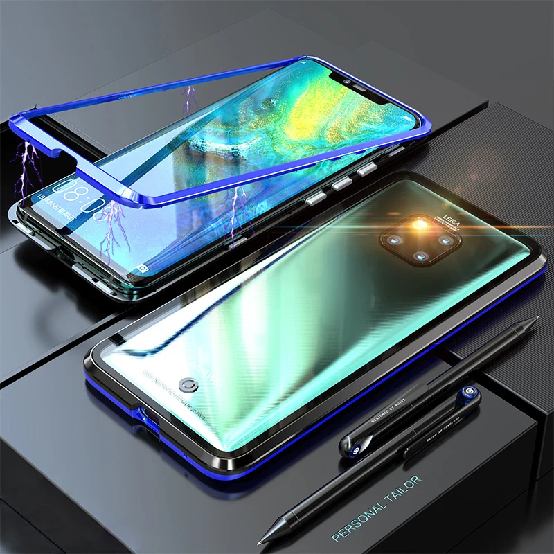 Роскошный Магнитный чехол для Huawei Mate 20 Pro металлический бампер + стеклянный Lite